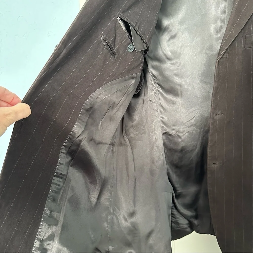 Vtg Banana Republic Blazer Chocolate Brown Pin Strip 44 R
